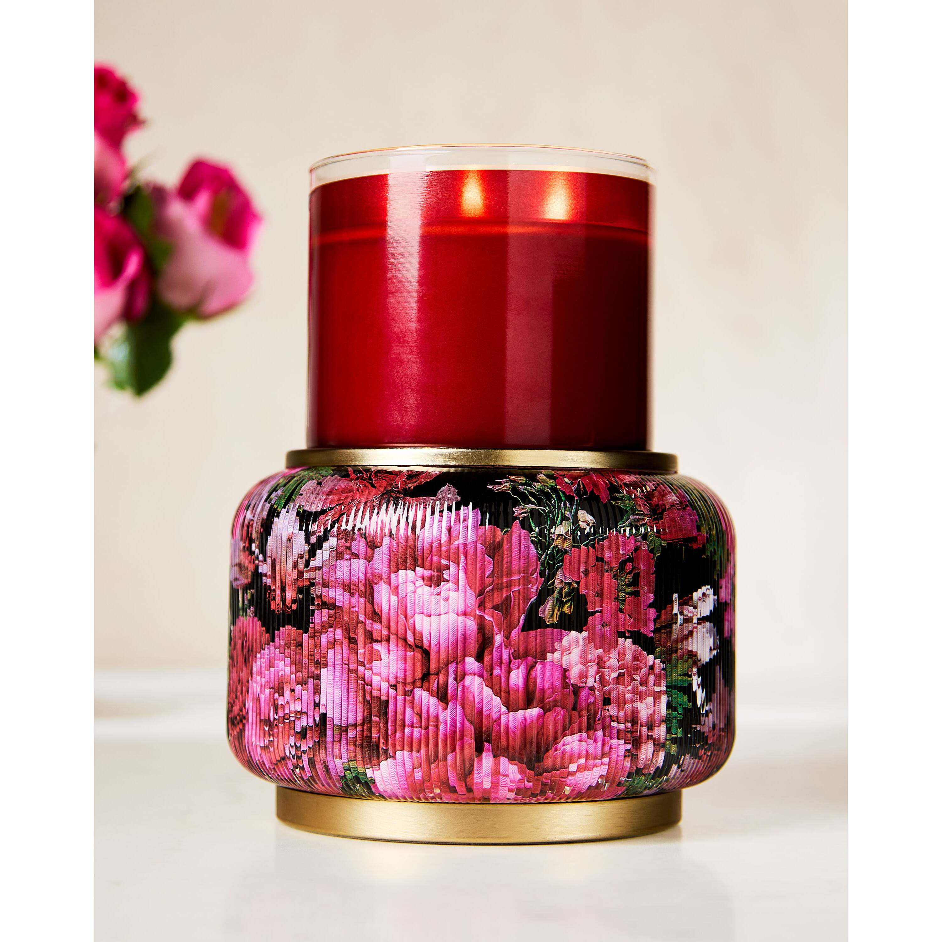 Floral Ribbed Glass Pedestal 3-Wick Candle Holder - Image 2